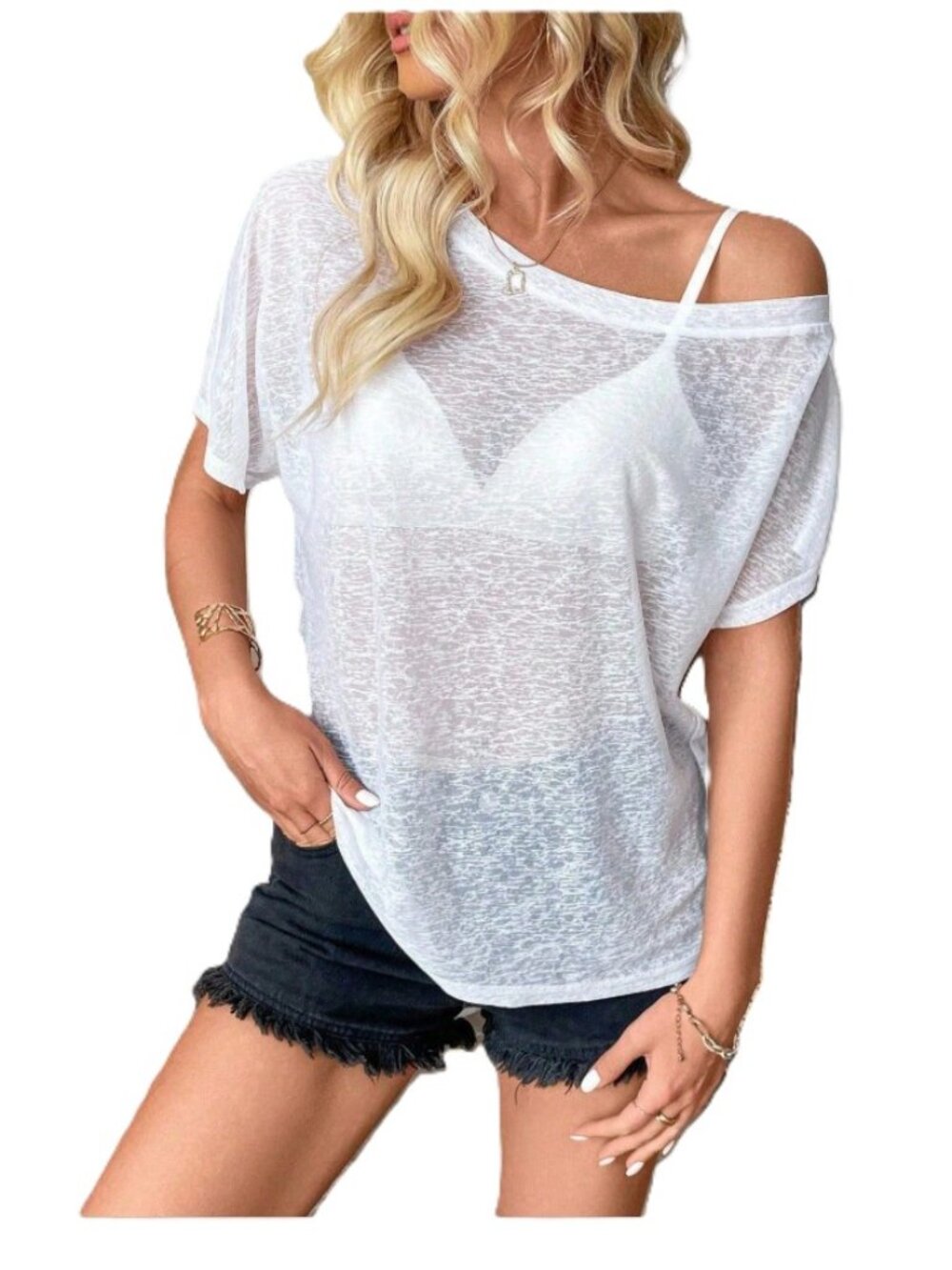 Women's Large White Off Shoulder Semi Shear Short Sleeve Bat Wing Top Beach Swim